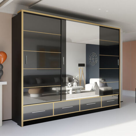 Modern High Gloss Sliding Wardrobe with Long LED Light Black 253cm