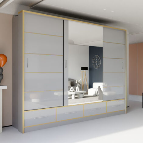 Modern High Gloss Sliding Wardrobe with Long LED Light Grey 253cm