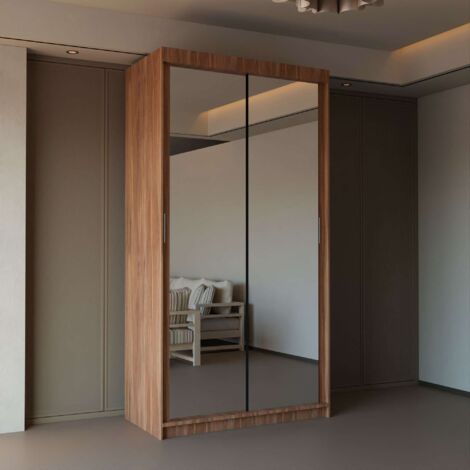 Modern 2 & 3 Door Sliding Wardrobe with Full-Length Mirror & LED Light - Walnut90cm