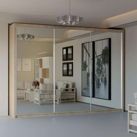 Modern 2 & 3 Door Sliding Wardrobe with Full-Length Mirror & LED Light - Oak250cm