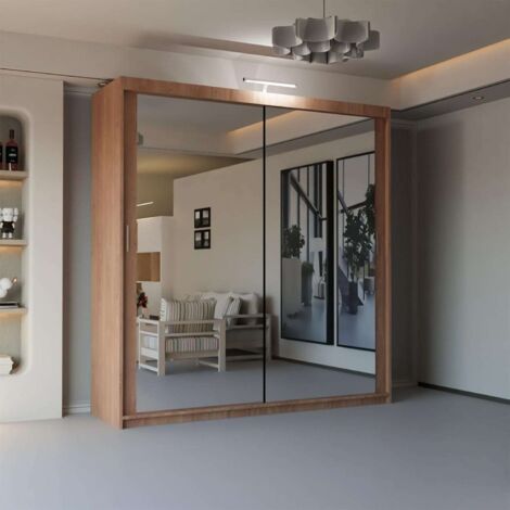 Modern 2 & 3 Door Sliding Wardrobe with Full-Length Mirror & LED Light - Walnut203cm