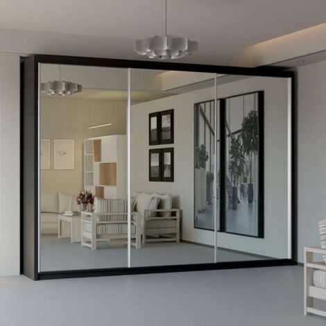 Modern 2 & 3 Door Sliding Wardrobe with Full-Length Mirror & LED Light - Black250cm