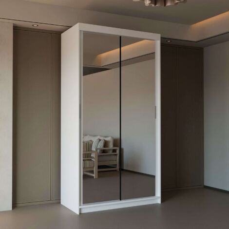 Modern 2 & 3 Door Sliding Wardrobe with Full-Length Mirror & LED Light - White90cm