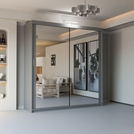 Modern 2 & 3 Door Sliding Wardrobe with Full-Length Mirror & LED Light - Grey150cm