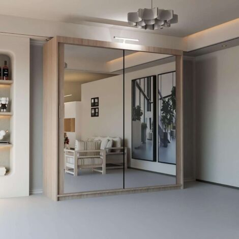 Modern 2 & 3 Door Sliding Wardrobe with Full-Length Mirror & LED Light - Oak203cm