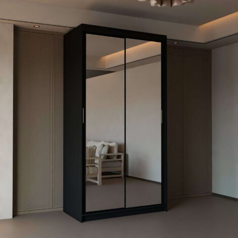 Modern 2 & 3 Door Sliding Wardrobe with Full-Length Mirror & LED Light - Black90cm (1/2)