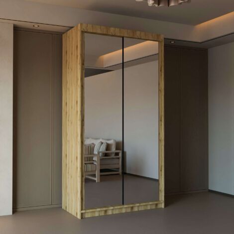 Modern 2 & 3 Door Sliding Wardrobe with Full-Length Mirror & LED Light - Oak90cm