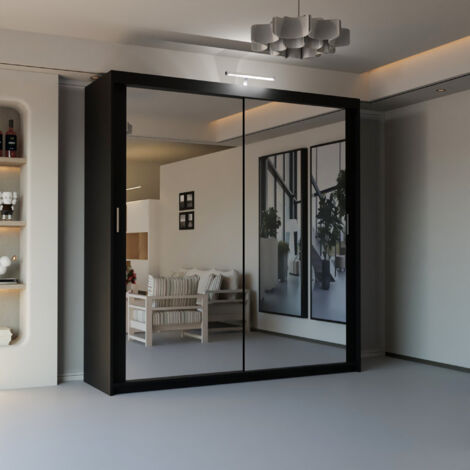 Modern 2 & 3 Door Sliding Wardrobe with Full-Length Mirror & LED Light - Black120cm