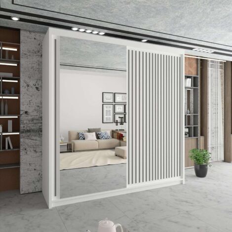 Sliding Wardrobes 4U Modern Sliding Mirror Wardrobe in Multiple Sizes & Colours - White 150cm with Grey Strip