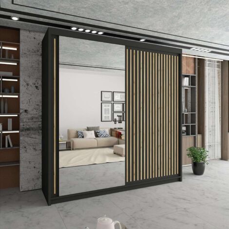 Sliding Wardrobes 4U Modern Sliding Mirror Wardrobe in Multiple Sizes & Colours - Black 150cm with Oak Strip