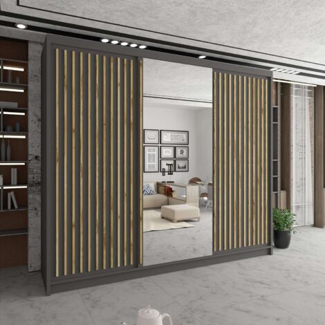 Sliding Wardrobes 4U Modern Sliding Mirror Wardrobe in Multiple Sizes & Colours - Grey 250cm with Oak Strip (1/2)