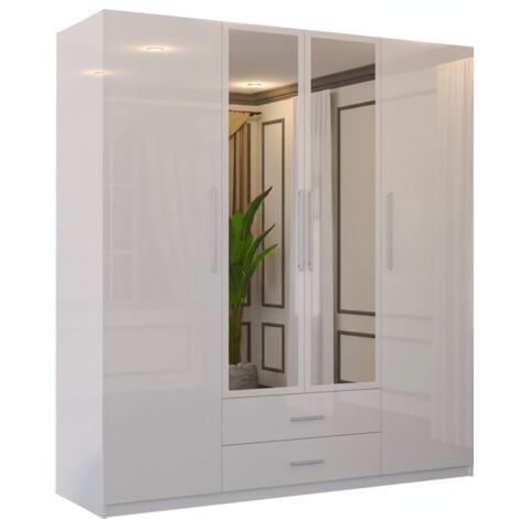4 Door High Gloss Hinged Wardrobe with Mirror, Drawers, Shelves & Hanging Rail, High Gloss Bedroom Storage - White 4 Door 160cm