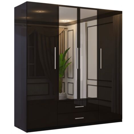 Modern 4 Door High Gloss Wardrobe with Mirror, Drawers & Hanging Rail - Black160cm