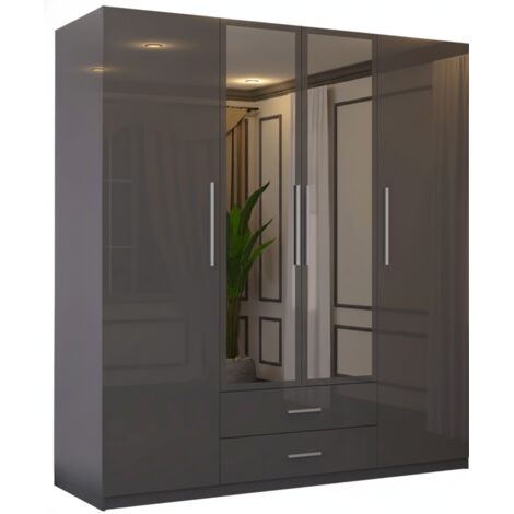 Modern 4 Door High Gloss Wardrobe with Mirror, Drawers & Hanging Rail - Grey160cm