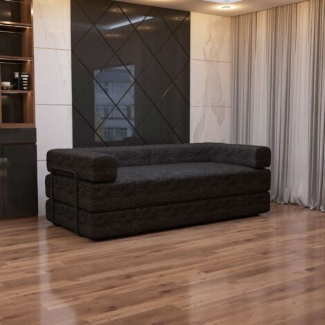 Modern Sherpa Convertible 3 Seater Sofa Bed Instant Setup Available in Black Grey and Camel - Black 3 Seater