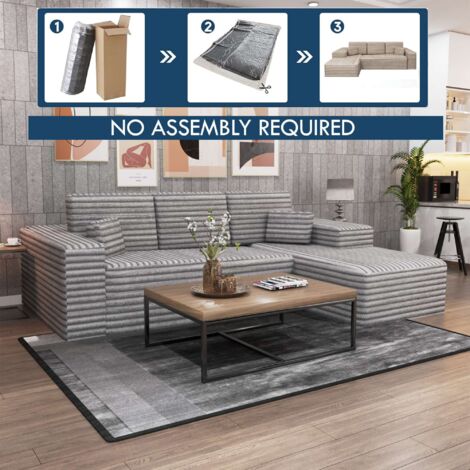 Smart Corduroy L-Shaped Corner Sofa in Left or Right Facing - Grey Right Corner