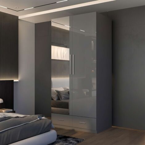 2 Door High Gloss Hinged Wardrobe with Mirror Drawers and Storage - Grey 90cm