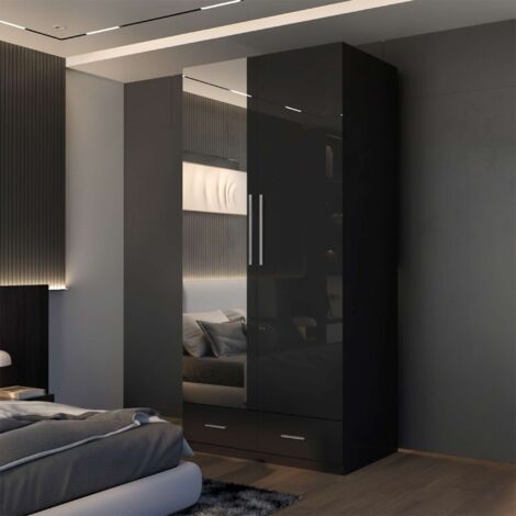 2 Door High Gloss Hinged Wardrobe with Mirror Drawers and Storage - Black 90cm