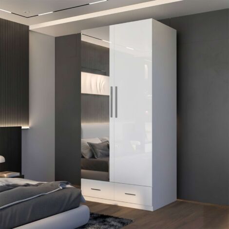 2 Door High Gloss Hinged Wardrobe with Mirror Drawers and Storage - White 90cm