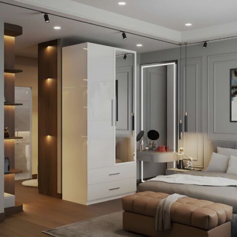 Modern High Gloss 2 Door Wardrobe with Mirror, Drawers and Hanging Rail - White 80cm