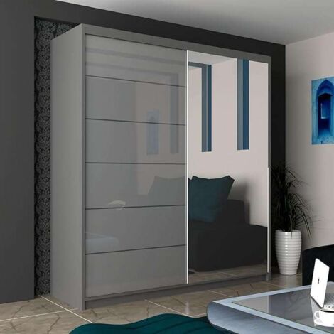 Modern 2-door High Gloss Wardrobe with Shelves, Hanging Rail, and Storage - Grey 200cm
