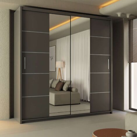 Modern Lisbon Double Door Sliding Mirror Wardrobe with Adjustable Shelves & Hanging Rails - Grey 180cm