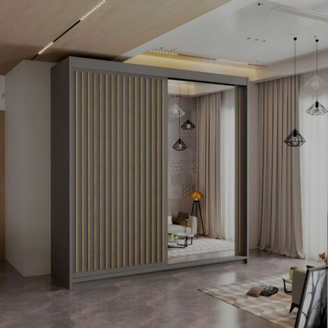 Royal 2 & 3 Door Sliding Mirror Wardrobe Modern Bedroom Storage - Grey/Oak203cm