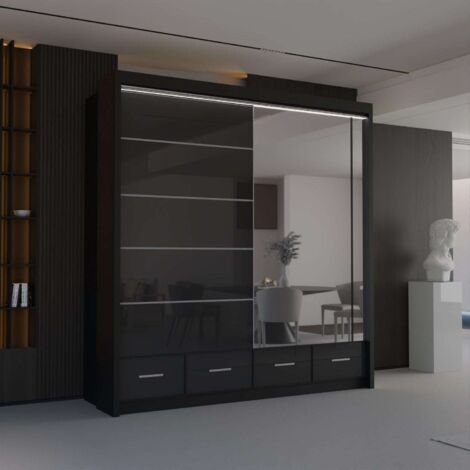 Modern High Gloss Sliding Wardrobe with LED & Mirror - Black203cm