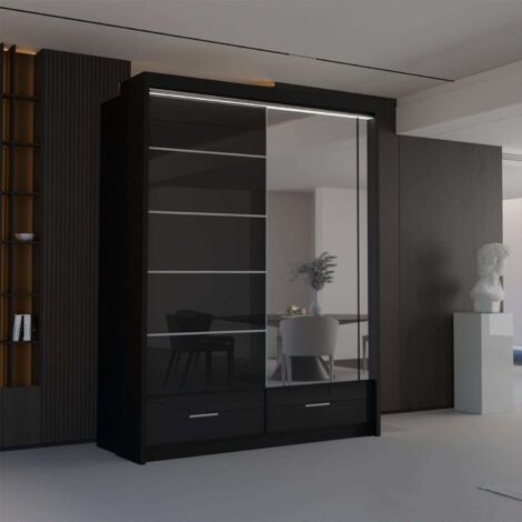 Modern High Gloss Sliding Wardrobe with LED & Mirror - Black150cm (1/2)