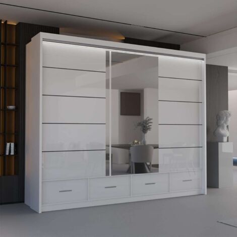 Modern High Gloss Sliding Wardrobe with LED & Mirror - White255cm