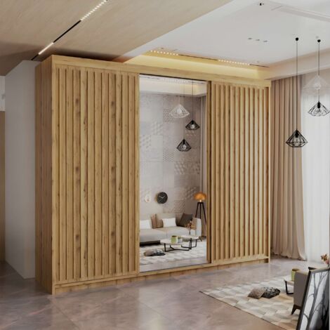 Royal 2 & 3 Door Sliding Mirror Wardrobe Modern Bedroom Storage - Oak/Oak250cm