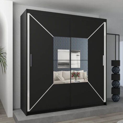 Modern Nicole Stylish Mirror Double Door Sliding Wardrobe 180cm - Black
