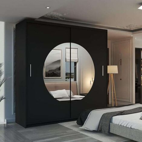 Mandarin Double Sliding Mirror Door Wardrobe -Black 203cm