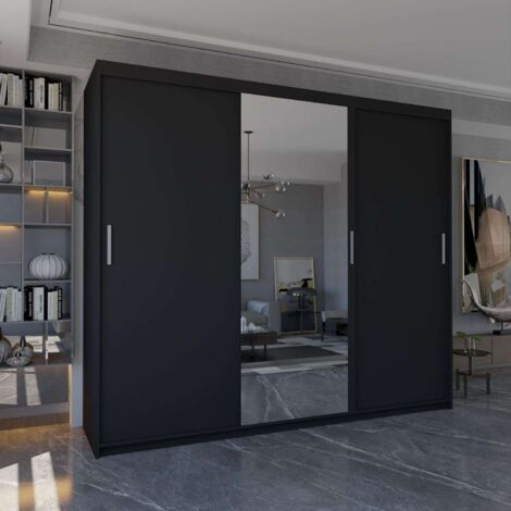 Miami 250cm Sliding Door Wardrobe with Full-Length Mirror & Modern 3-Door Design in Elegent 6 Colors - Black250cm