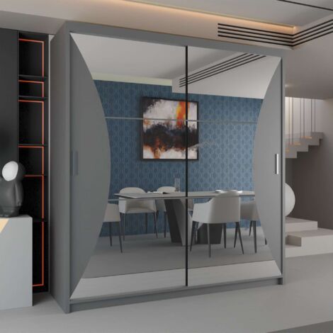 Sliding Wardrobes 4U Modern Curve Mirror Sliding Door Wardrobe with adjustable Shelves and Rails - Grey 203cm