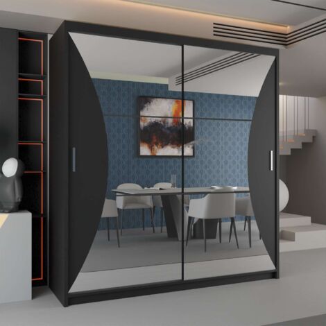 Sliding Wardrobes 4U Modern Curve Mirror Sliding Door Wardrobe with adjustable Shelves and Rails - Black 203cm