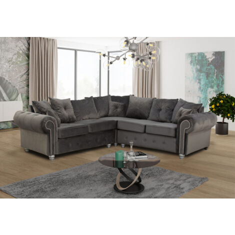 Ashwin Plush Velvet Corner Sofa with Back Cushions - Grey
