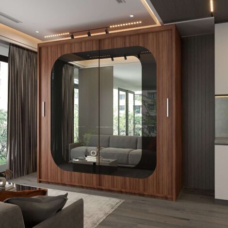 Modern Chelsea 2 Sliding Door Wardrobes with Mirror - Walnut/Black 203cm