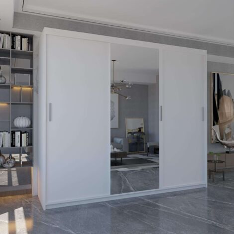 Miami 250cm Sliding Door Wardrobe with Full-Length Mirror & Modern 3-Door Design in Elegent 6 Colors - White250cm