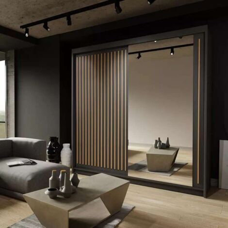 Royal 2 & 3 Door Sliding Mirror Wardrobe Modern Bedroom Storage - Black/Oak150cm