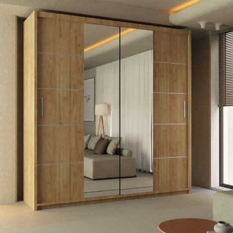 Modern Lisbon Double Door Sliding Mirror Wardrobe with Adjustable Shelves & Hanging Rails - Oak 180cm (1/2)