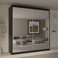 Sliding Wardrobes 4U Queen Full Mirror Sliding Wardrobe with Storage Shelves, Drawers & Rails - Black 200cm