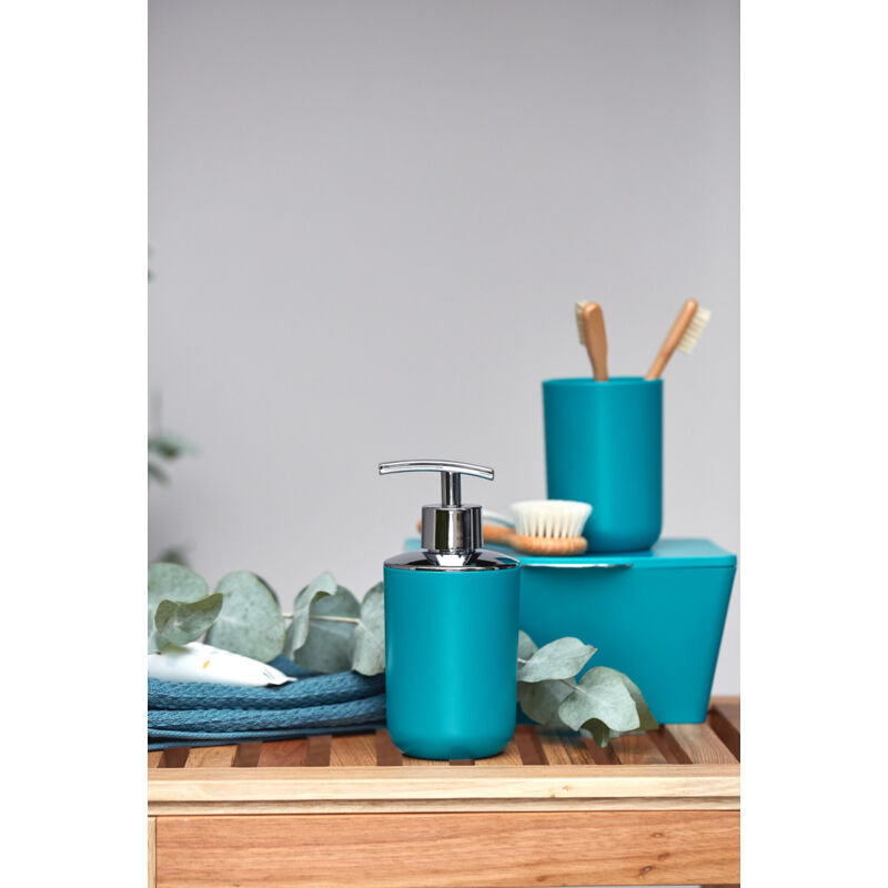 Set De 4 Accessoires Salle De Bain – Distributeur Savon, Porte-brosse, Rince-bouche, Plateau – Bleu Foncé