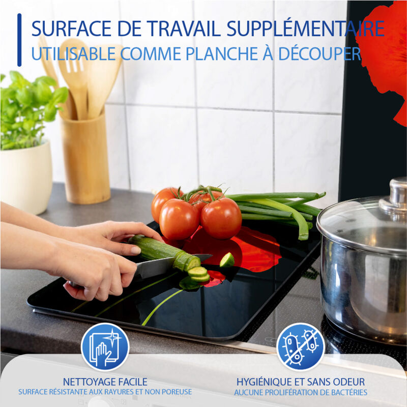 Planche à Découper En Verre Trempé Sécurité 30x52cm - Impression Coquelicots, Résistante Aux Chocs Et Aux Températures