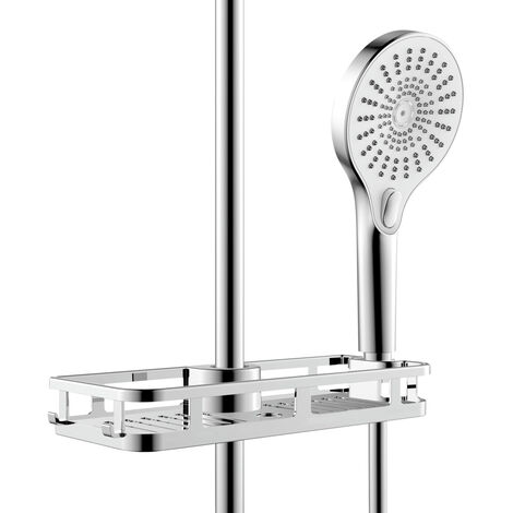 Wenko – Chariot de douche chromé avec étagère et crochets – Support pour pommeau de douche – Installation sans perçage – Plastique ABS durable (1/5)