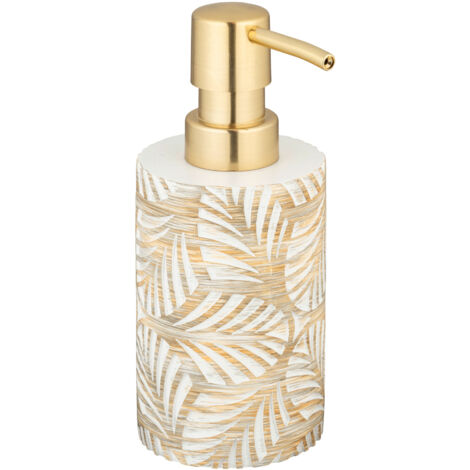 Wenko – Distributeur de savon polyresin 490ml – Gobelet salle de bain 7cm – Motif feuilles et accents dorés – Ensemble 2 pièces élégant