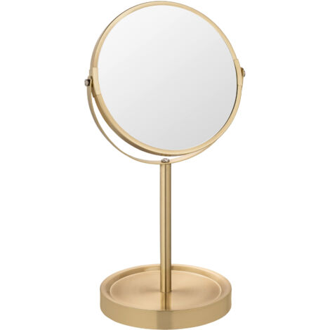 Wenko – Miroir grossissant sur pied 17 cm – Double face 3x – Acier et verre doré – Base avec rangement pour accessoires – Miroir cosmétique élégant