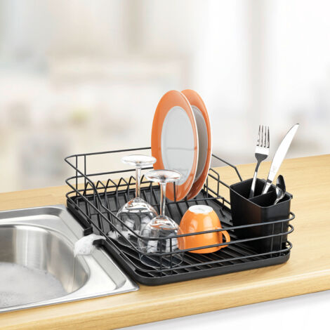 Leadfun Égouttoir à Vaisselle Compact Noir – Pour 12 Assiettes + Couverts, Avec Bac D'Égouttage Et Porte-Couverts Amovible – 41x17x10 Cm Idéal Petite Cuisine