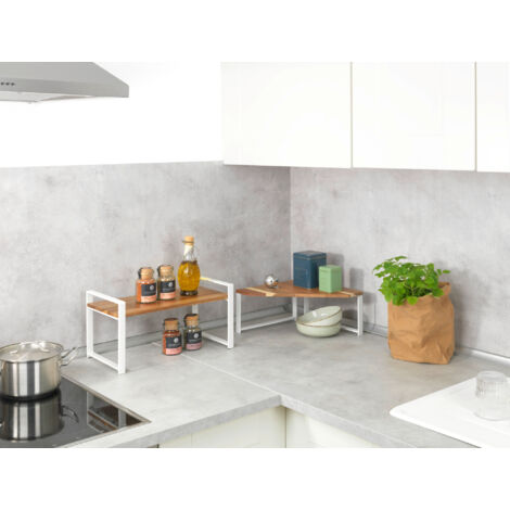 Étagère d'angle de cuisine Louisa WENKO, Pieds antidérapants, Organiseur cuisine, SDB, bureau, Métal et bois d'accacia, 30 x 15 x 30 cm, Bois et blanc