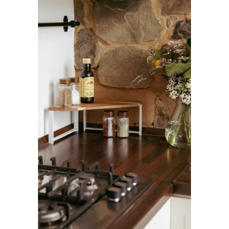 Étagère d'angle de cuisine Louisa WENKO, Pieds antidérapants, Organiseur cuisine, SDB, bureau, Métal et bois d'accacia, 30 x 15 x 30 cm, Bois et blanc